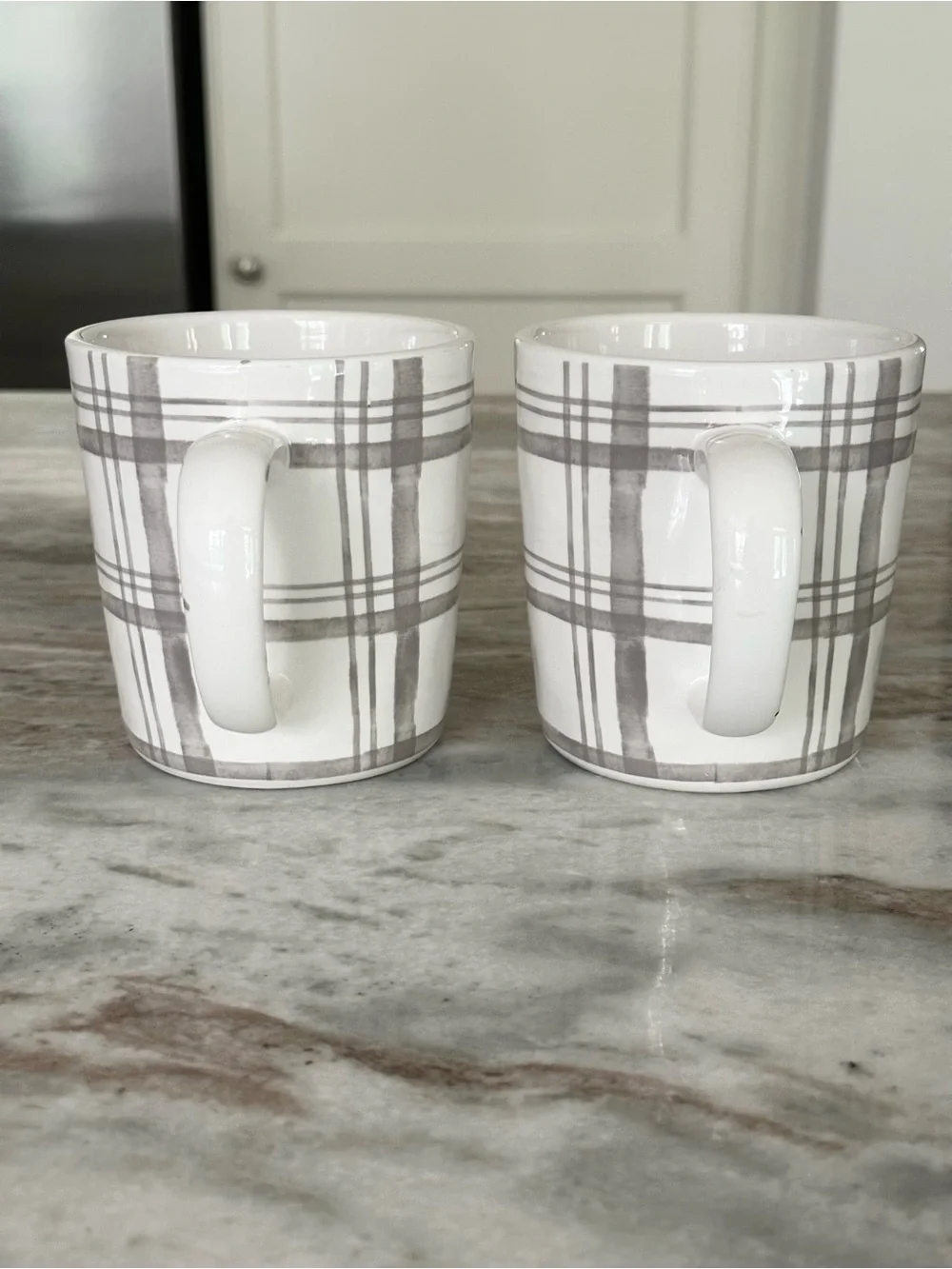 Set of 2 Fall Grey & White Plaid Pier 1 China Mugs